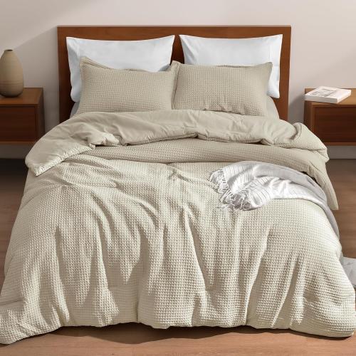 PHF Ultra Soft Waffle Weave Comforter Set King Size, 3 Pieces Lightweight Breathable Comfy Bedding Set, Comfy Textured 1 Comforter with 2 Pillow Shams, Linen