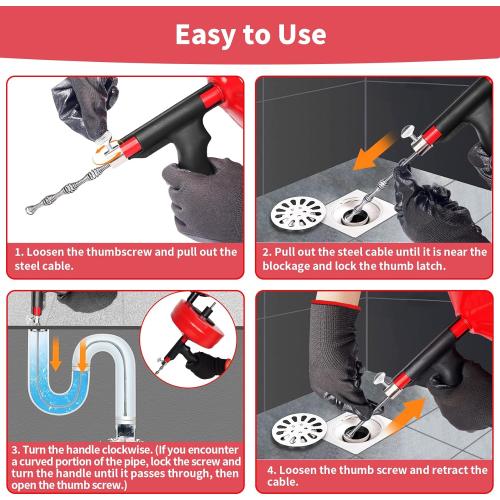 Drain Snake 50 Ft, Plumbing Snake for Sink with Drill Attachment, Snake Drain Clog Remover for Shower Drain, Kitchen, and Sink, Manual or Powered Use, Comes with Gloves and Storage Bag, 1/4 Inch, Red