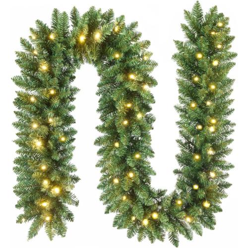 Somikis 9FT Pre-Lit Artificial Christmas Garland with 50 LED Lights and Realistic Classic Evergreen Pine Spruce for Mantle Stair Railing Indoor Outdoor