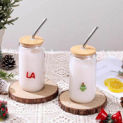 Honeydak 2 Pcs Christmas Icon Juice Glass Tumbler with Lid and Straws - 18 oz Christmas Tree & FA LA LA Drinking Glasses Coffee, Beer, Soda, Juice Cups for XMAS Party Supplies Gift