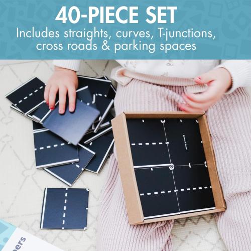 Learn & Grow Magnetic Tiles Road Expansion Pack - 40PCs Road Toppers Set for Cars, STEM Learning & Building Toy - Magnetic Tile Accessories for Kids 3 , Toddler - Add Car Roads to Any Magnet Tiles Set