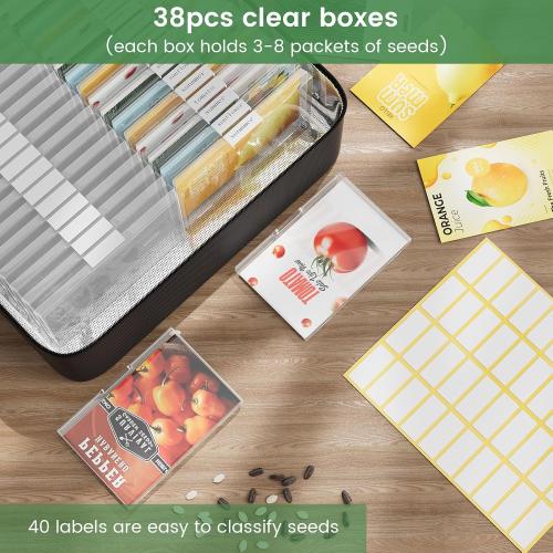 38 Slots Seed Storage Organizer Box with Insulated Bag That Holds 80-200 Seed Envelopes, Oxford Cloth Garden Seed Containers with Labels, Seed Packet Organizer for Plant, Flower ,Vegetable Seeds