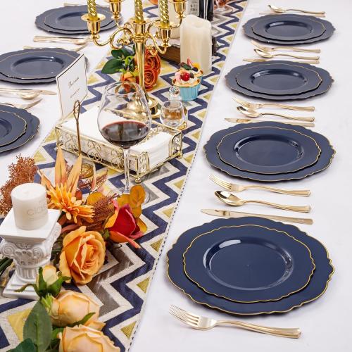 WDF 100pcs Blue Plastic Plates - Baroque Blue&Gold Disposable Plates for Parties/Wedding-50Plastic Dinner Plates 10.25in, 50Salad Plates 7.5in for Party/Birthday/Wedding/Passover