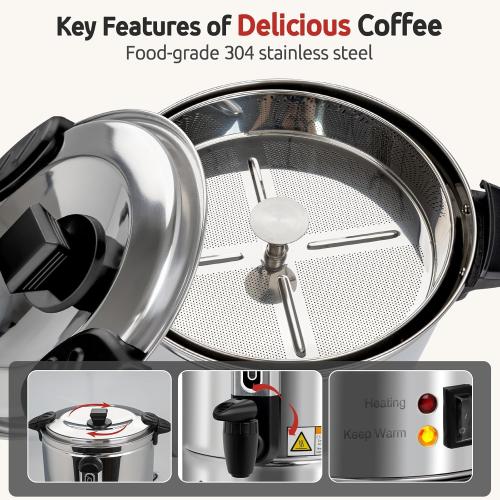 Coffee Urn 100 Cup, Commercial Grade Stainless Steel Percolate Coffee Maker Hot Water Urn Coffee Dispenser 1500W, 16L Single