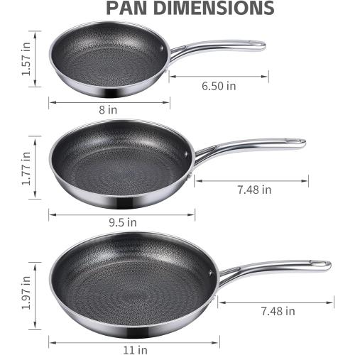 Ammeloo Hybrid Tri-Ply Stainless Steel Frying Pan Set, 8/9.5/11 Cooking Pans, Non Stick Frying Pans and Skillets, Chef Pan, Non Toxic, Dishwasher Safe, Induction Compatible, Black Interior