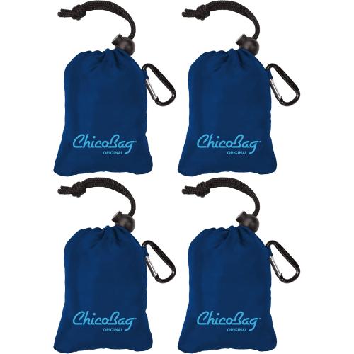 ChicoBag Original Compact Reusable Grocery Bag with Attached Pouch and Carabiner Clip- 4 Pack Blue