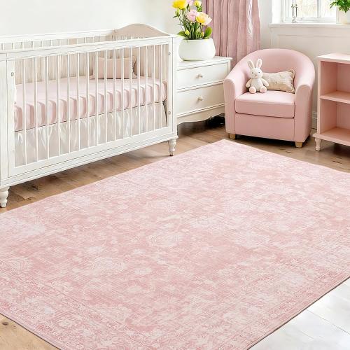 FROZZUR Boho Pink Area Rug 5x7 – Soft Washable Vintage Rug with Non-Slip Backing for Living Room, Bedroom & Nursery, Cozy Home Decor