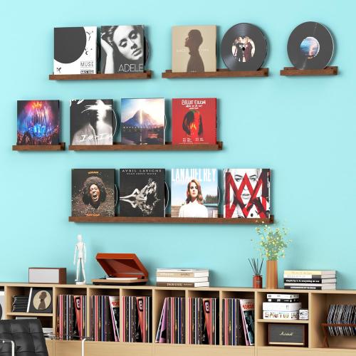 Vinyl Record Shelf Wall Mount, 6PC Album Record Holder Display, Wood Floating Shelves, Wood Ledges for Wall, 0ffice Wall Shelves, Album Shelves, Magazine Rack Walnut - 1x48In, 1x36In, 2x24In & 2x12In