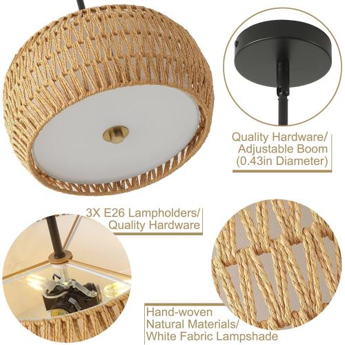 Rattan Pendant Light Kitchen Island,12.8 Hand-woven Modern Semi Flush Mount Ceiling Light Fixture,Boho Woven Lamp Shade Chandelier,Adjustable Farmhouse Hanging Light for Bedroom Bar Hallway