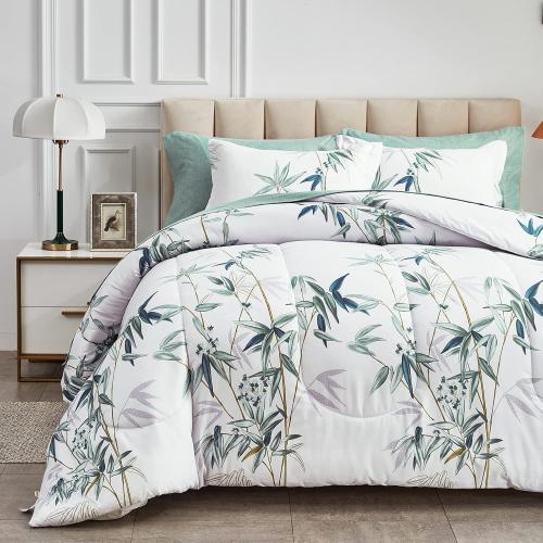 7 Pieces Bed in a Bag Queen Comforter Set with Sheets, Green Leaves on White Botanical Design Bedding Sets for All Season (1 Comforter, 2 Pillow Shams, 1 Flat Sheet, 1 Fitted Sheet, 2 Pillowcases)