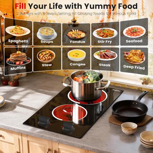 2 Burner Electric Cooktop - 12 Inch Plug in Portable 110V Electric Cook Top Two Burner, Built-in & Countertop Ceramic Stove Top with Knob Control, 9 Power Levels and Overheat Protection