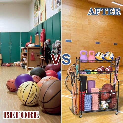 Mythinglogic Sports Equipment Garage Organizer,Garage Ball Storage for Sports Gear and Toys, Rolling Ball Cart with Wheels for Indoor/Outdoor Use