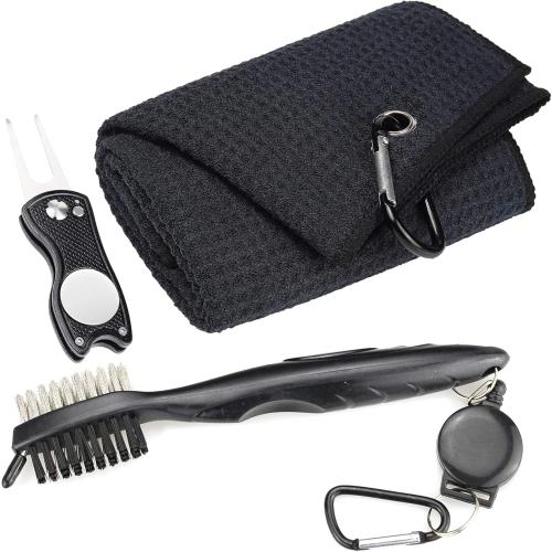 Mile High Life Microfiber Waffle Pattern Golf Towel | Club Groove Cleaner Brush | Foldable Divot Tool with Magnetic Ball Marker (Black Towel/Brush/Fish Divot)