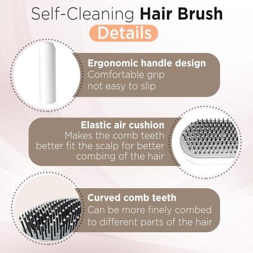 White Self-Cleaning Hair Brush, 3D Air Cushion Design, Detangling Paddle Brush with Holder, All Hair Type (WHITE)
