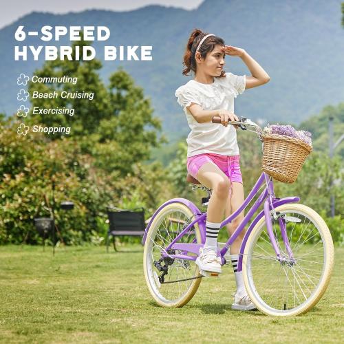 Color purple Glerc 20 24 26 Inch Beach Cruiser Bike, 6-Speed Hybrid City Bicycle for Girls Youth and Over 6 Years Old, Missy Bike with Wicker Basket & Lightweight, Multiple Colors