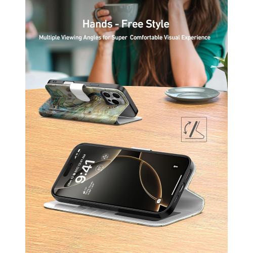 DEENAKIN for iPhone 16 Pro Wallet Case with Card Holder   Cash Clip, RFID-Blocking, Military-Grade Drop Protection & UV-Printed Artwork, Magnetic Closure with Leather Stand - Peacock and Flower