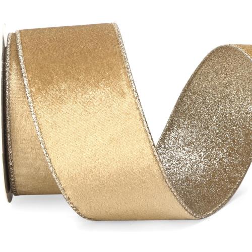 Ribbli Champagne Gold Velvet Wired Ribbon 2.5 Inch Khaki Velvet with Champagne Glitter Christmas Ribbon for Christmas Tree Decoration Big Bow Gift Wrapping Crafts Wreaths Supplies- 10 Yards