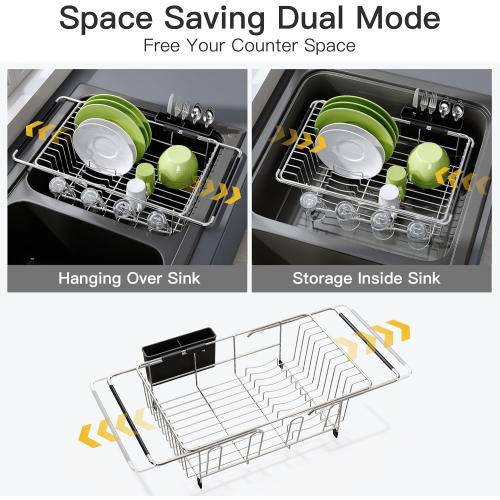 JASIWAY Dish Drying Rack in Sink, Expandable Stainless Steel Dish Drainers for Kitchen Counter, Dish Dryer Rack for Inside Sink, Over The Sink Dish Racks with Utensil Holder, Silver