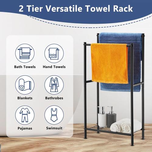 Free Standing Towel Rack, 2 Tier Towel Racks for Bathroom with Storage Shelves, Modern Outdoor Standing Towel Drying Rack for Poolside, Black Blanket Rack Holder, DECLUTTR