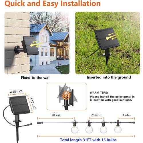 Kawaya Outdoor String Lights, LED Patio Light, Shatterproof Edison Globe Bulbs - IP65 Waterproof Dimmable Hanging Lights (Solar 31FT(15 Bulbs))