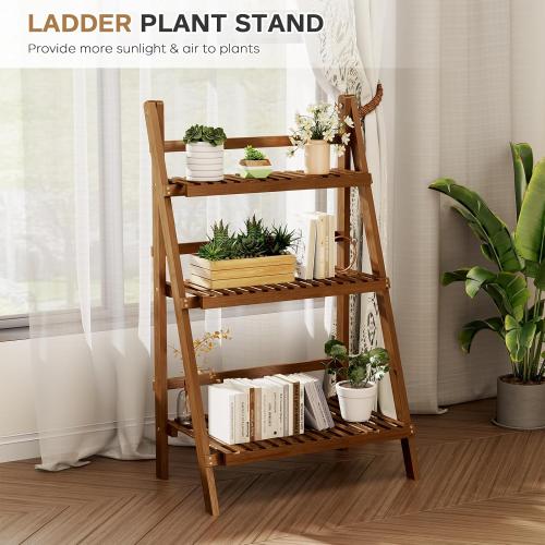 39.4 Bamboo Ladder Shelf Plant Shelf, 3 Tier Foldable Ladder Flower Pot Display Shelf Rack, 23.6W x 15D x 39.4H, Freestanding Bookshelf for Garden, Balcony, Yard, Patio, Lawn, Living Room, Walnut