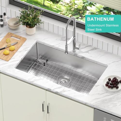 30-inch Undermount Single Bowel Kitchen Sink, Handmade 16 Gauge Stainless Steel Kitchen Sink 30  x 18 Deep Sink with Drain Kit and Bottom Grid, Brushed