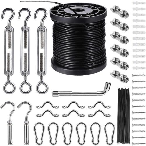 String Lights Hanging Kit,Globe String Lights Suspension Kit,Outdoor Light Guide Wire,Includ 164 FT Nylon-Coated Stainless Steel Wire Rope Cable,Turnbuckle and Hooks,Enough Accessories,Use Manual
