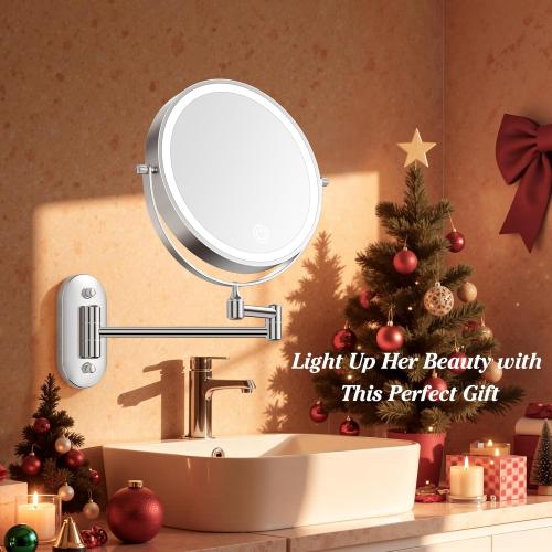 Auxmir 1X/30X Wall Mounted Makeup Mirror with Light, 8 Rechargeable Double-Sided Magnifying Mirror, Vanity Mirror Dimmable 3 Color Light, 360° Extension Rotation Foldable 14.5 Inch Arm, Chrome