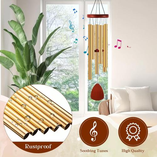 Leinuosen Wind Chimes for Outside Wind Chimes Outdoors Deep Tones 28 with 6 Aluminum Tubes Memorial Sympathy Windchime for Valentine Tree Decor Garden Courtyard Mom Loved One Gifts(Classic,Gold)