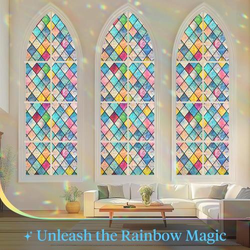 Haton Stained Glass Window Film, Rainbow Window Privacy Film, Decorative for Home Door 17.5 x 78.7