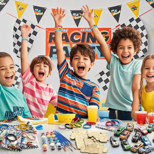 Race Car Party Favors for Kid, Racecar Wodden Painting Crafts Kit Mini Pull Back Cars Silicone Bracelets Boy Birthday Goodie Bag Stuffer Filler Class Prize Racing Birthday Party Supplies Decor