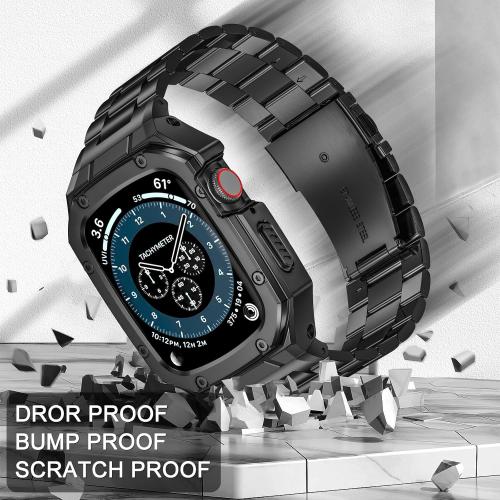 Stainless Steel Watch Band with Case Compatible with Apple Watch Series SE 3 2 1/6 5 4 (40mm) Series 9 8 7 3 2 1 (41mm 38mm), Metal Protective Bumper Cover for iWatch Bands Men (Black)