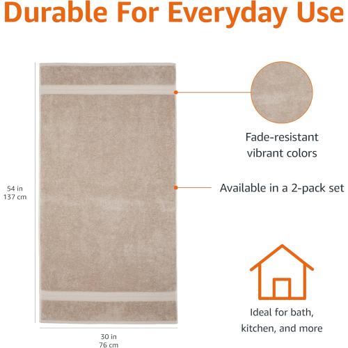 Amazon Basics Fade-Resistant 100% Cotton Bath Towel, 2 Pack, 30x54, Taupe