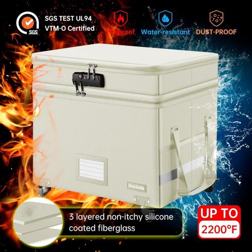 Beige,16''x13.8''x12.2 DocSafe Fireproof Document Box with Lock,2-Layer File Box with Wheels,Collapsible File Storage Organizer with Pockets,Large Portable Office Filing Cabinet for Hanging Folders