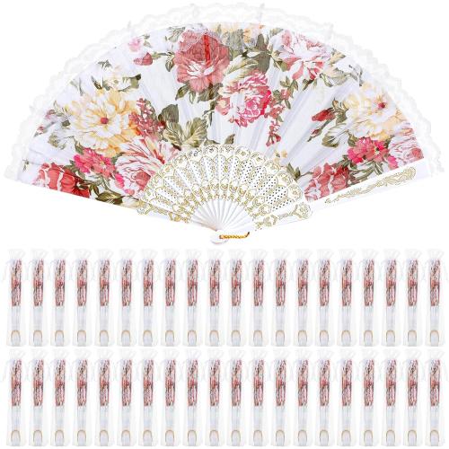Geelin 50 Pcs Hand Lace Foldable Fans Bulk for Women with Organza Bag Lace Folded Hand European Retro Fan Bridal Dancing Prop Wedding Party Favors for Dancing Tea Party(Colored Rose,White)