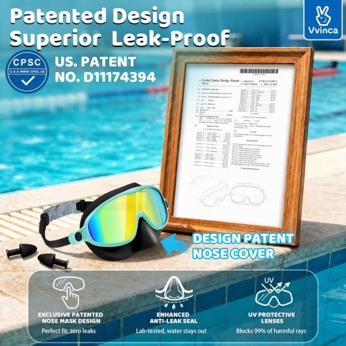 Vvinca Kids Goggles with Nose Cover Comfort Fabric Strap,Wide View Diving Mask Anti-Fog UV Swimming Goggles for Kids 3-12