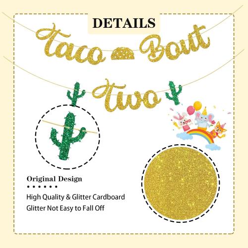 WeBenison Taco Bout Two Banner/Mexican Children 2nd Birthday Banner/Taco Bout Birthday Party Decoration Supplies Gold Glitter