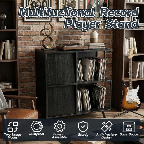 Faesun 3 Tier Flip Top Record Player Stand, Vinyl Record Storage Holds up to 300  Albums, Large Record Player Cabinet, Vintage Turntable Stand with Vinyl Display, for Living Room Bedroom, Black ‼️used product ‼️has some mild color peeling and bent wood‼️