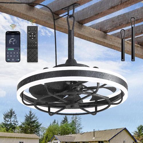 LEDIARY 20 Outdoor Ceiling Fans with Light, IP65 Waterproof Gazebo Fan with Hanging Hook, App Control for 3CCT Dimmable, Caged Plug in Ceiling Fan with Hanging Hook for Patio, Porch, Pergola