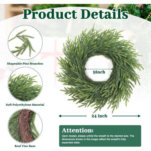 24 Inch Norfolk Pine Wreath, Real Touch Artificial Green Christmas Wreaths for Front Door, Windows, Porch, Wall, Indoor, Outdoor Xmas Holiday Decorations