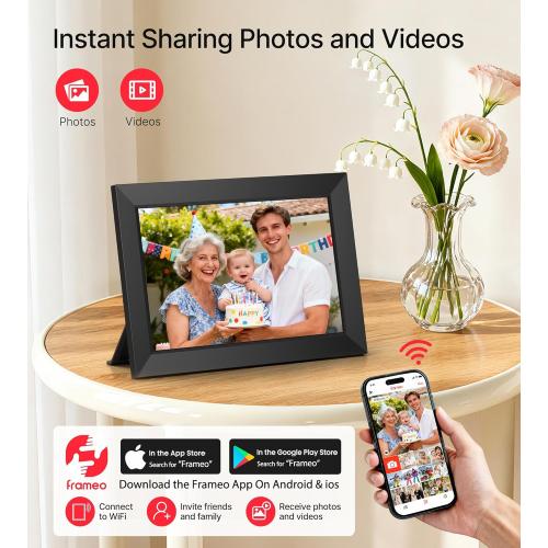 BIGASUO Digital Picture Frame, 10.1 Frameo Digital Frame WiFi with 32GB Memory, 1280x800 IPS Touch Screen, Send Photos/Videos from Your Phone Anywhere, Photo Gifts for Parents and Grandparents