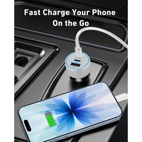 67W 3-Port Super Fast Type C Car Charger USB C for iPhone 17/Air/16/16e/15 Pro Max, Samsung Galaxy S25 S24 S23, Pixel, Android, Car Adapter Accessories for Men Women   3FT USB-C Cable Silver