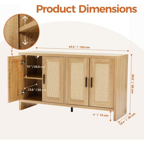 Mericonia Rattan Buffet Cabinet with Storage, Sideboard Cabinet with Doors and Adjustable Shelves, Farmhouse Coffee Bar Station Table, Modern Wood Cupboard for Kitchen, Livingroom and Dining Room