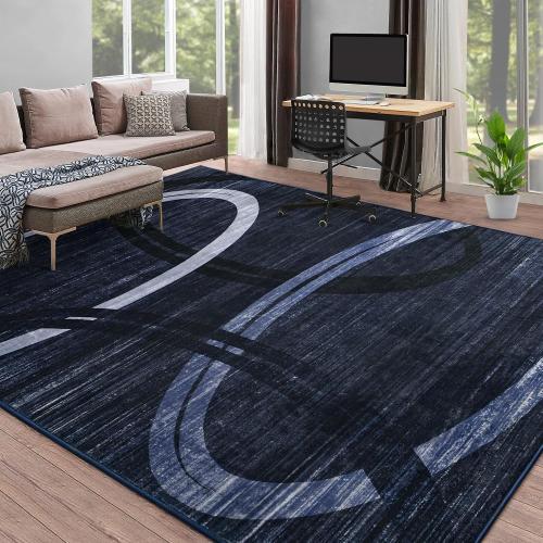 Kimicole 5x8 Large Area Rugs for Bedroom Living Room, Modern Abstract Geometric Washable Rugs, Low Pile Thin Rug, Non-Slip Indoor Wavy Circles Floor Carpet for Office Dining Room Home Decor (Blue)