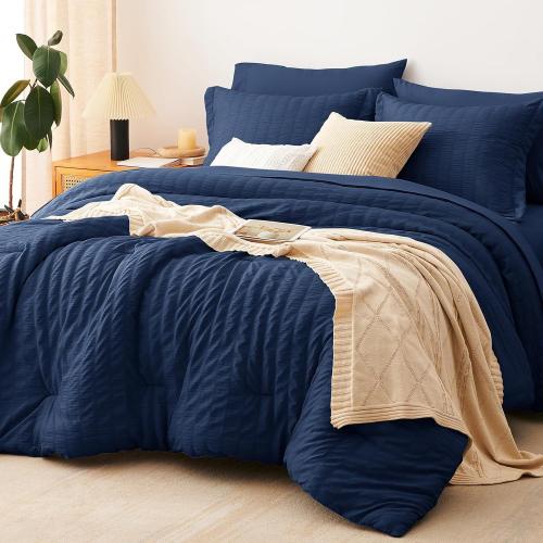 CozyLux Queen Comforter Set **Navy Blue** Seersucker 7 Pieces Bed in a Bag Queen Comforter Set with Sheets Luxury Soft Bedding Set with Down Alternative Comforter, Sheets, Pillowcases & Shams All Seasons