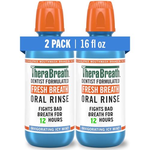 TheraBreath Fresh Breath Mouthwash, Icy Mint Flavor, Alcohol-Free, 16 Fl Oz (Pack of 2)