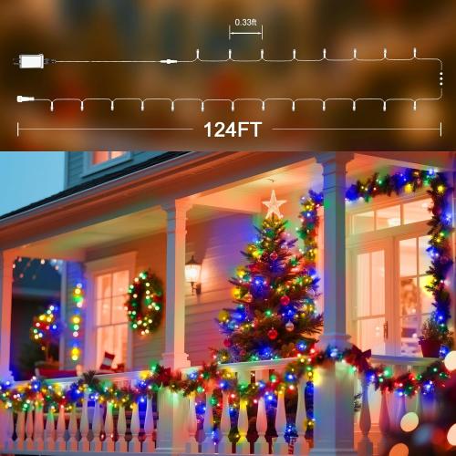 124 FT 380 LED String Lights Outdoor Indoor, Christams String Lights Waterproof 8 Modes & Timer, Fairy Lights Plug in for Bedroom, Weeding, Patio, Party, Holiday,Christmas Decor（Multicolor）
