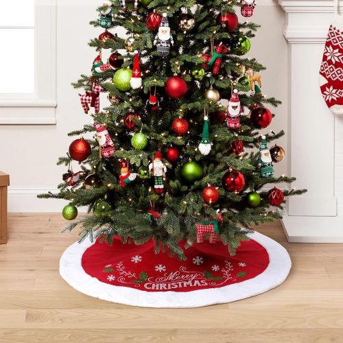 XAMSHOR Christmas Tree Skirt, 48 Inches Embroidered Xmas Tree Skirt with White Trim Holiday Party Ornaments Indoor Outdoor Decorations, Snowflake and Leaves Pattern Red