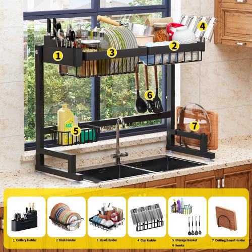 Over Sink Dish Drying Rack (Expandable Height/Length) Snap-On Design Large Dish Drainer Storage Counter Organizer 24 - 35.5(L) x 12(W) x 19 - 22(H)