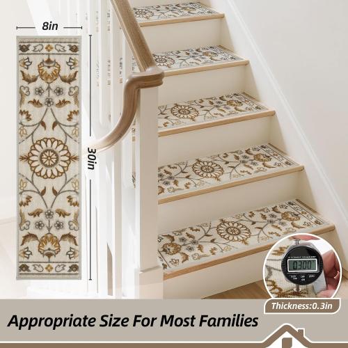 BEQHAUSE Stair Treads for Wooden Steps Non-Slip Machine Washable Carpet Stair Treads 8X30 Soft Indoor Stair Runner for Kids Elders and Pets, 100% Polyester, TPE Backing, 15pcs, Brown/Grey